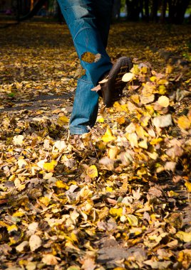 ayakları yere parlak renkli sonbahar yaprakları yürüyüş.