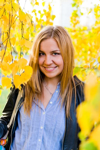 Primer plano retrato de la mujer de otoño con hojas amarillas —  Fotos de Stock