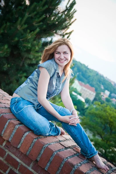Portrait of a lonely young woman outdoor in Prague — Stock Photo, Image
