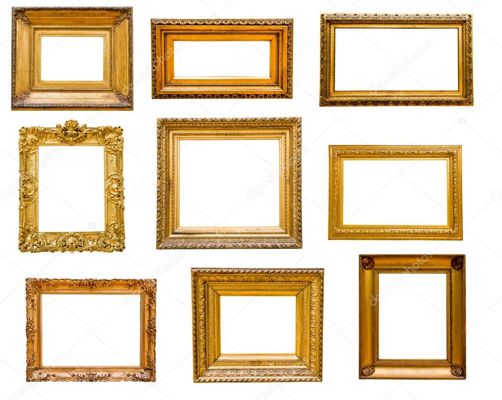 Set of vintage gold frames, isolated on white