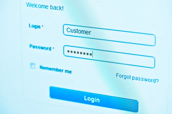 Login - Kunde und Passwort. Blaues Computerbildschirm-Makro — Stockbild Login - Kunde und Passwort. Blaues Computerbildschirm-Makro — Stockfoto