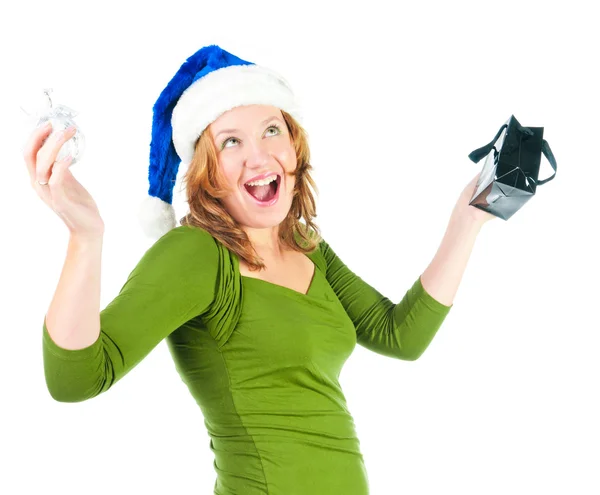 Beautiful happy woman looking inside black shopping gift bag loo — Stock Photo, Image