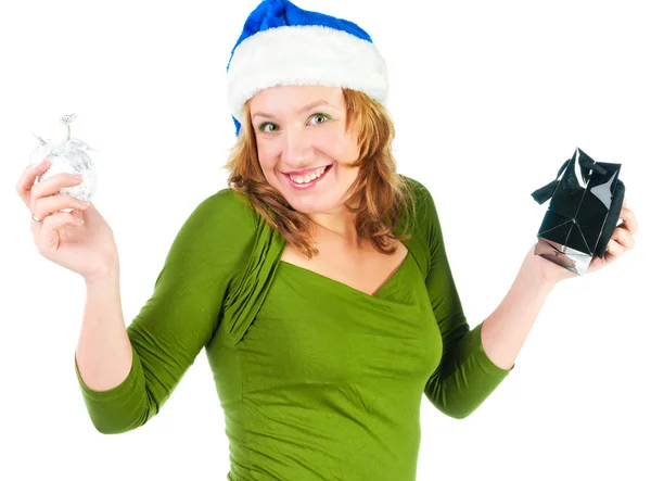 Beautiful happy woman looking inside black shopping gift bag loo — Stock Photo, Image