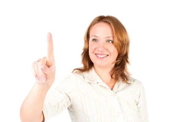 Zakenvrouw aanraken van het scherm met haar vinger — Stockfoto