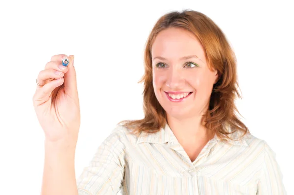 Joven mujer de negocios escribiendo sobre vidrio de cerca — Foto de Stock