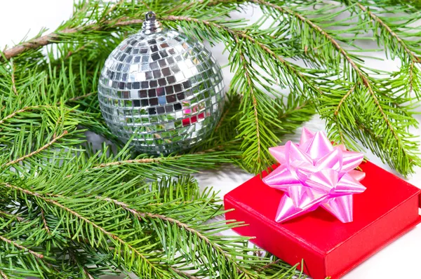 Gift and green christmas tree — Stock Photo, Image