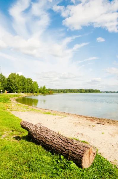 Göl kıyısındaki çimenli banka — Stok fotoğraf