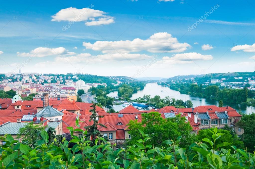 view of Prague city and Vltava river from Vysehrad hill