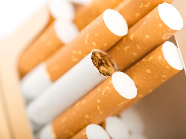 Tobacco in cigarettes with a brown filter close up — Stock Photo, Image