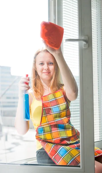 Jovem mulher feliz dona de casa lava uma janela — Fotografia de Stock