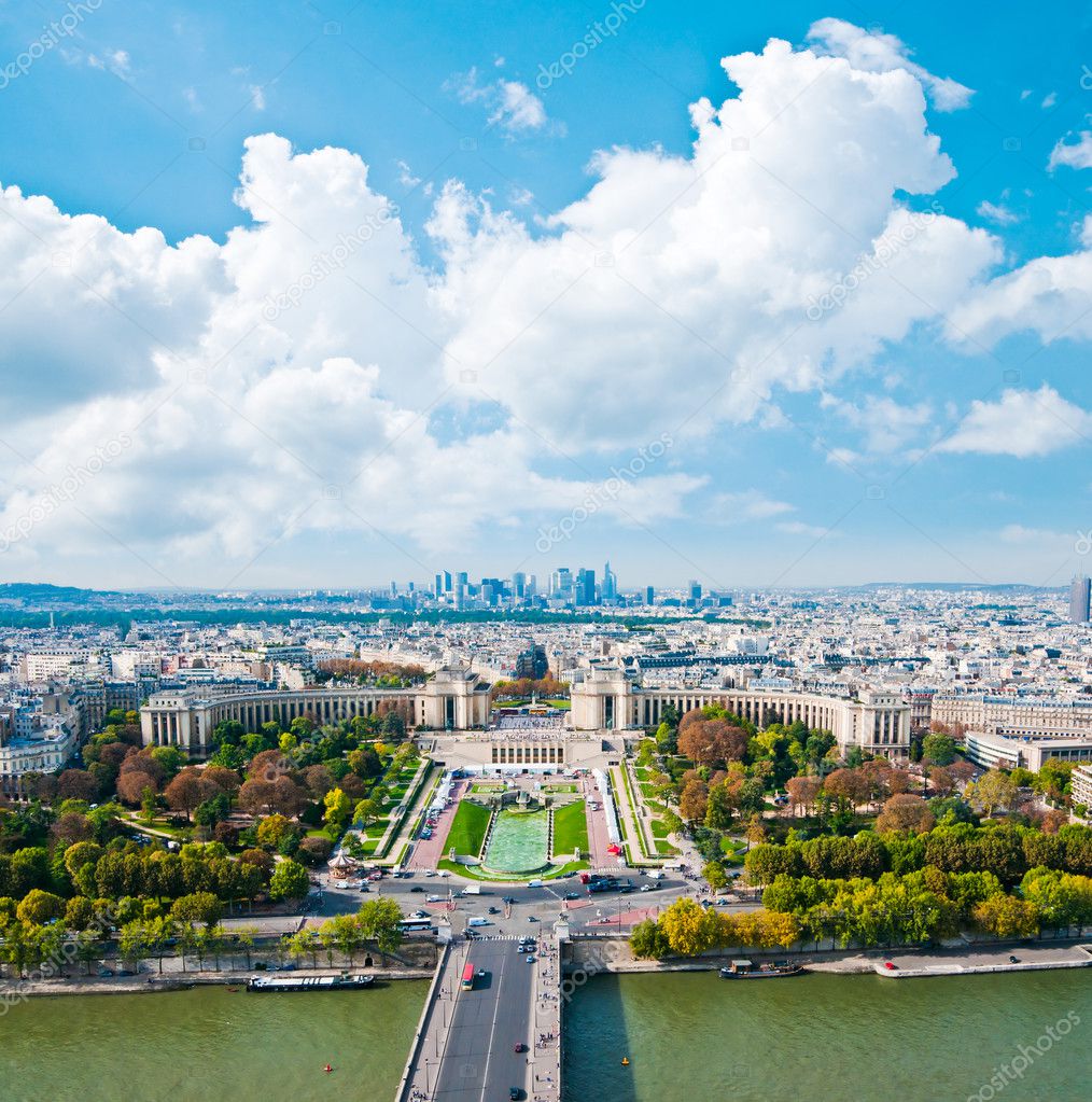 Aerial panoramic view of Paris and Seine river from Eiffel Tower