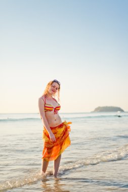 eğlenceli olan genç gülümseyen kadın deniz suyu ayakta 