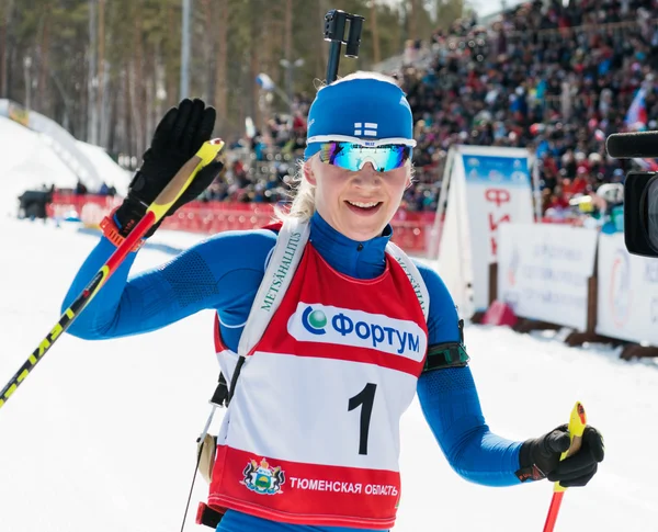 Kaisa MAKARAINEN (FIN) after finish at Biathlon — Stock Photo, Image