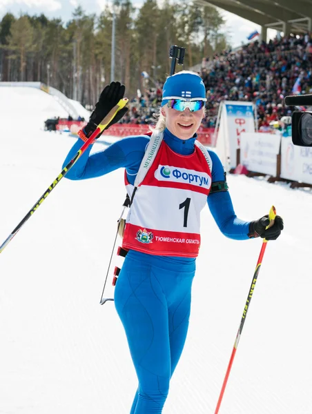 Kaisa MAKARAINEN (FIN) after finish at Biathlon — Stock Photo, Image