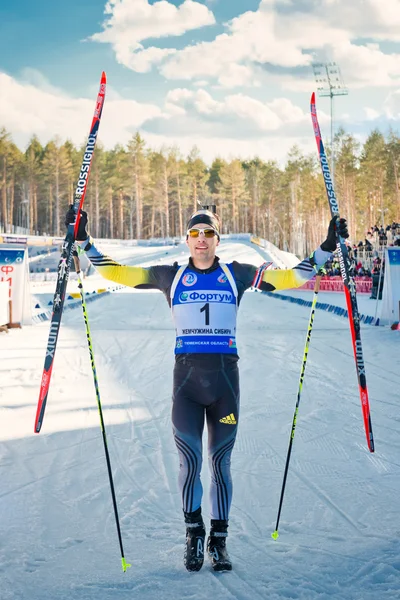 Martin fourcade (fra) efter målgång på skidskytte — Stockfoto