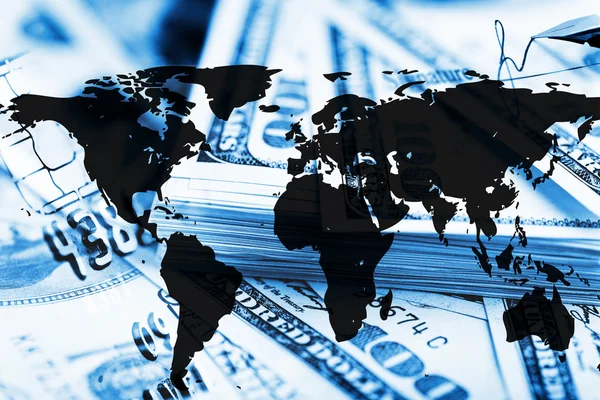 Πλαίσιο χρηματοδότησης με δολάρια και παγκόσμιο χάρτη. — Φωτογραφία Αρχείου