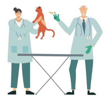 Veteriner kliniğinde bir kedi. Veteriner muayenesi ve aşı, vektör illüstrasyonu