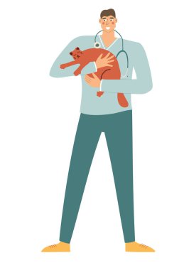 Kollarında uyuyan bir kedi tutan mutlu erkek veteriner, vektör çizimi.