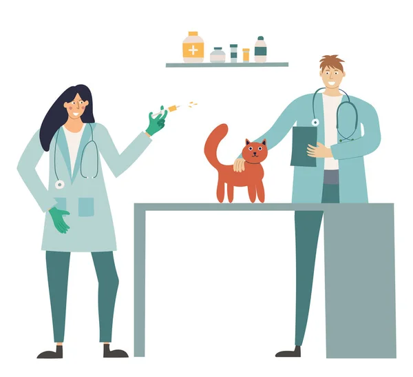 Kočka Veterinární Klinice Veterinární Vyšetření Očkování Vektorové Ilustrace — Stockový vektor