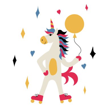 Tekboynuzlu at patenlerle balon tutuyor. Vektör İllüstrasyonu.