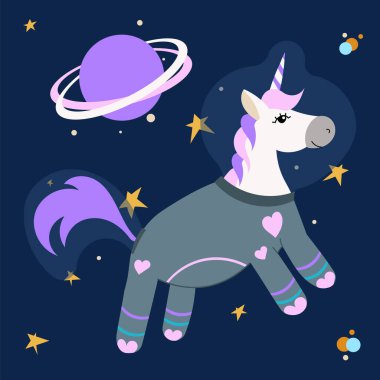  Uzay giysisi içindeki tek boynuzlu at uzayda, yıldızların arasında. Vektör İllüstrasyonu.