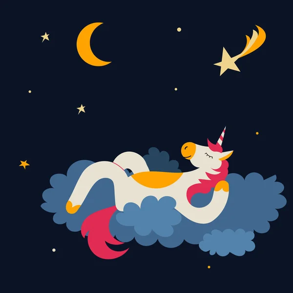 Pohádkový Jednorožec Spí Noci Mraku Pod Padající Hvězdou Vektorová Ilustrace — Stockový vektor