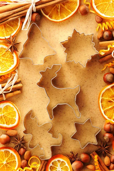 Christmas spices and cookie cutters over gingerbread dough — Stock Photo, Image