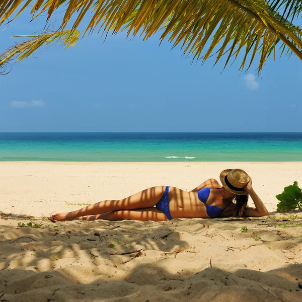 Donna in spiaggia sotto la palma — Foto Stock
