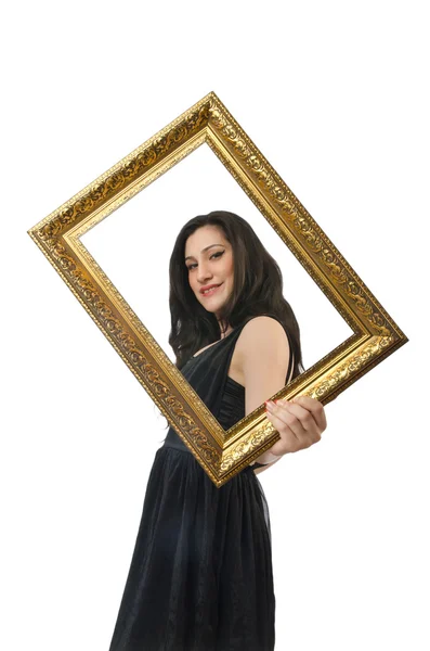 Woman with picture frame on white — Stock Photo, Image