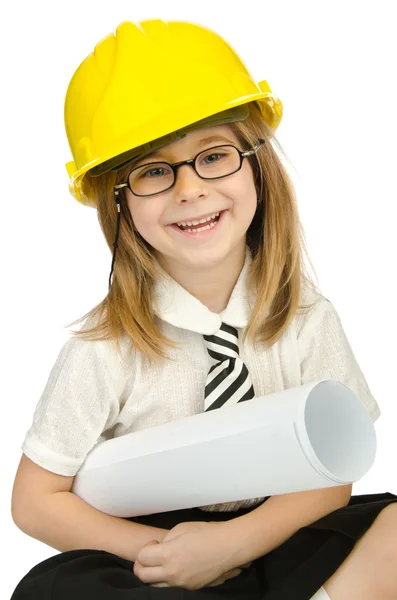 Menina bonito com capacete no branco — Fotografia de Stock