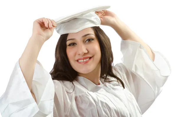 Glad student firar examen på vit — Stockfoto