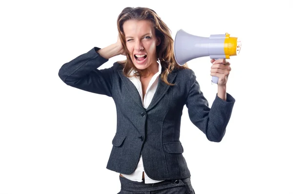 Businesswoman with loudspeaker on white — Stock Photo, Image