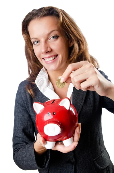 Woman with piggybank on white — Stock Photo, Image