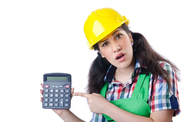 Woman builder with calculator on white — Stock Photo, Image