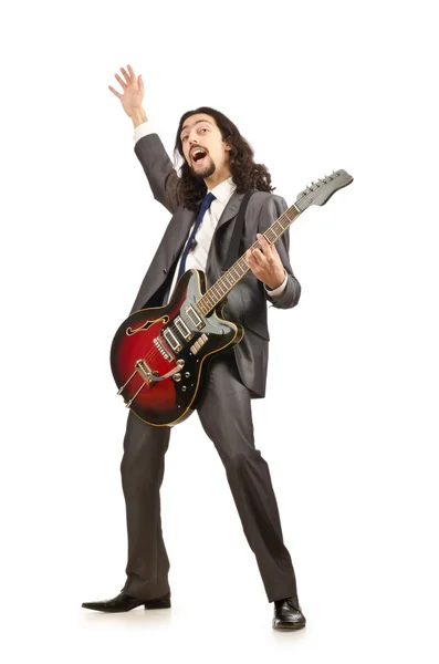 Businessman playing the guitar on white — Stock Photo, Image