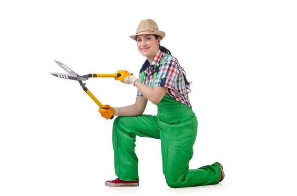 Chica con tijeras de jardín en blanco — Foto de Stock