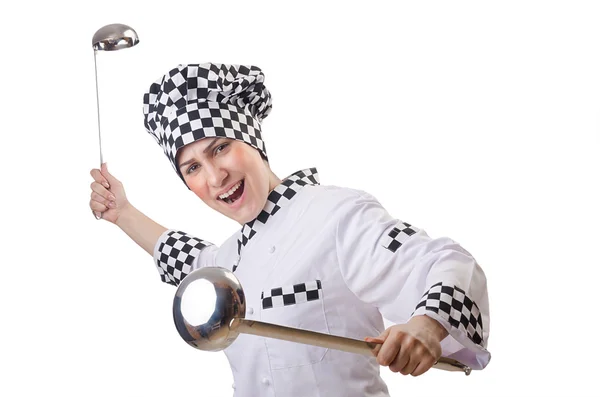 Женщина готовит с ковш на белом — стоковое фото