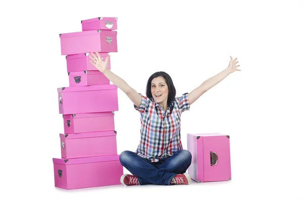 Menina com muitos presentes no branco — Fotografia de Stock