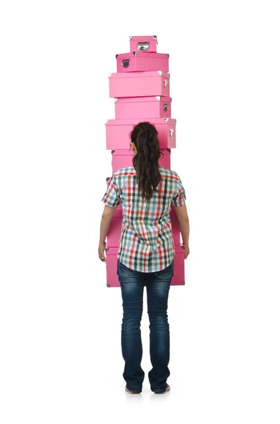 Flicka med stack på giftboxes — Stockfoto
