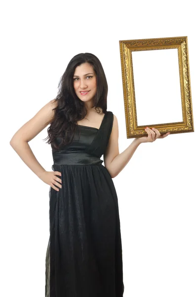 Woman with picture frame on white — Stock Photo, Image