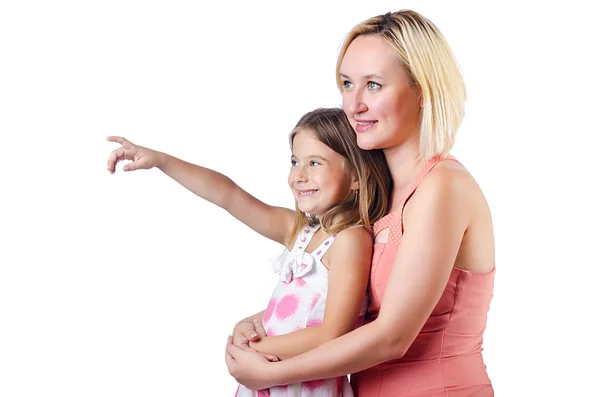 Mãe feliz e filha no branco — Fotografia de Stock