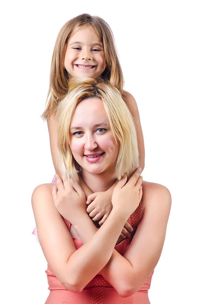 Feliz mamá y su hija en blanco — Foto de Stock