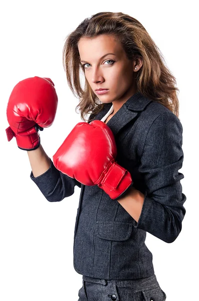 Empresária irritada com luvas de boxe — Fotografia de Stock