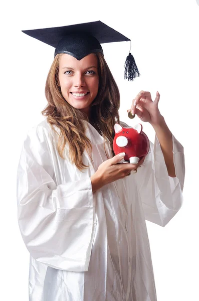 Student und Sparschwein auf weiß — Stockfoto