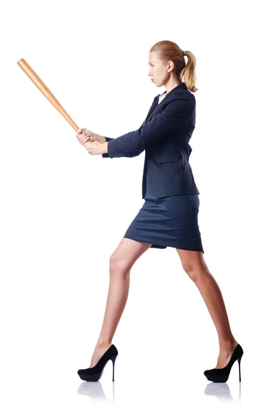 Businesswoman with baseball bat on white — Stock Photo, Image