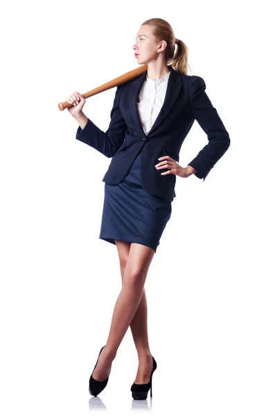 Businesswoman with baseball bat on white — ストック写真