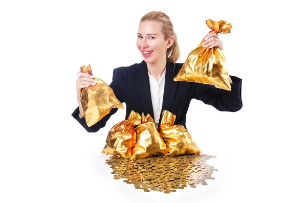 Woman with coins and golden sacks — Stock Photo, Image