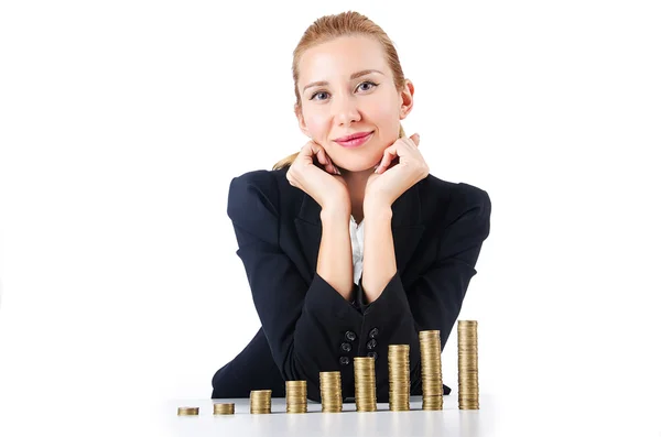 Mujer de negocios con monedas en blanco —  Fotos de Stock