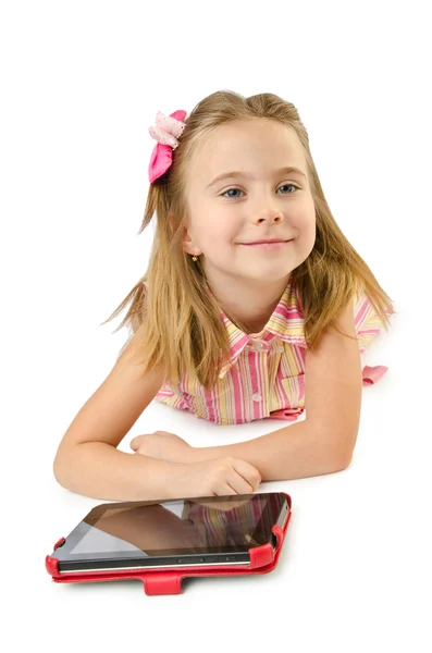 平板电脑上白色的小女孩 — 图库照片