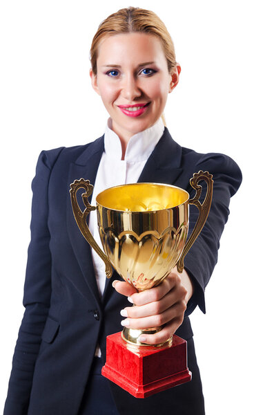 Businesswoman with prize on white